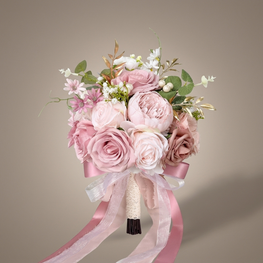 Faux bridal bouquet with blush roses, pink peonies, pearl berries, eucalyptus, gold leaves and a lace-wrapped stem