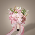 Faux bridal bouquet with blush roses, pink peonies, pearl berries, eucalyptus, gold leaves and a lace-wrapped stem
