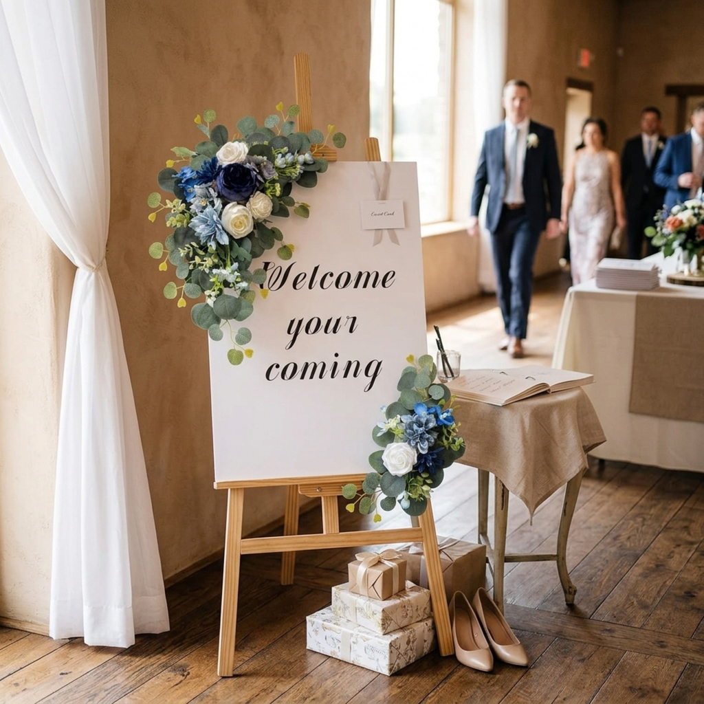 Additional view of blue and white wedding arch flower swags set of two