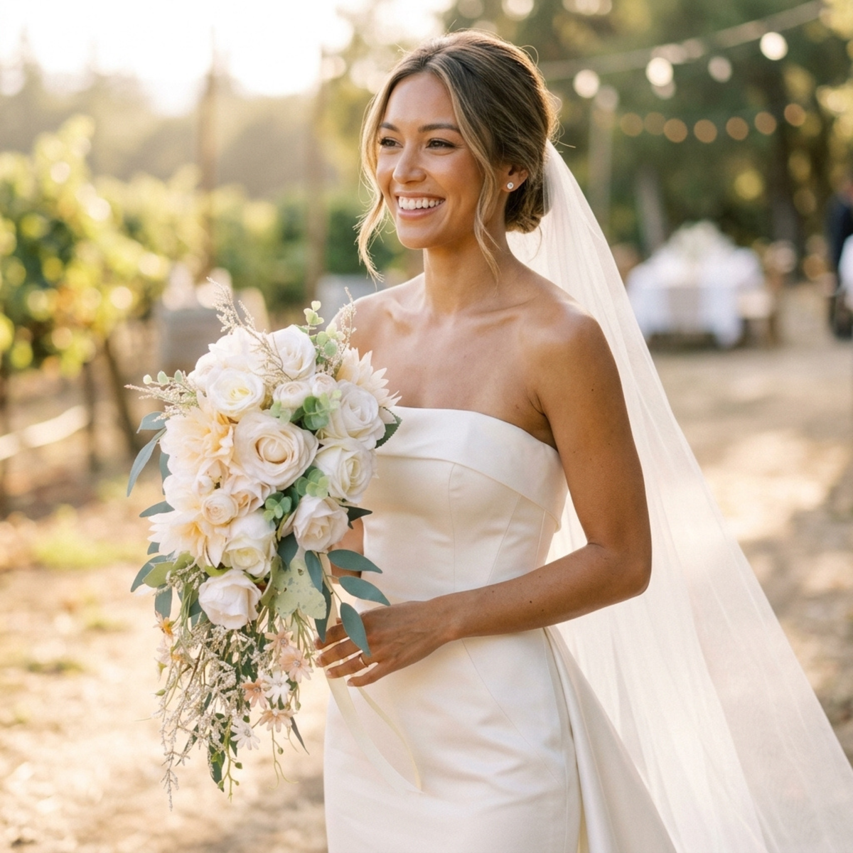 Bride in a vineyard holding a champagne ivory cascading bridal bouquet with silk roses and greenery