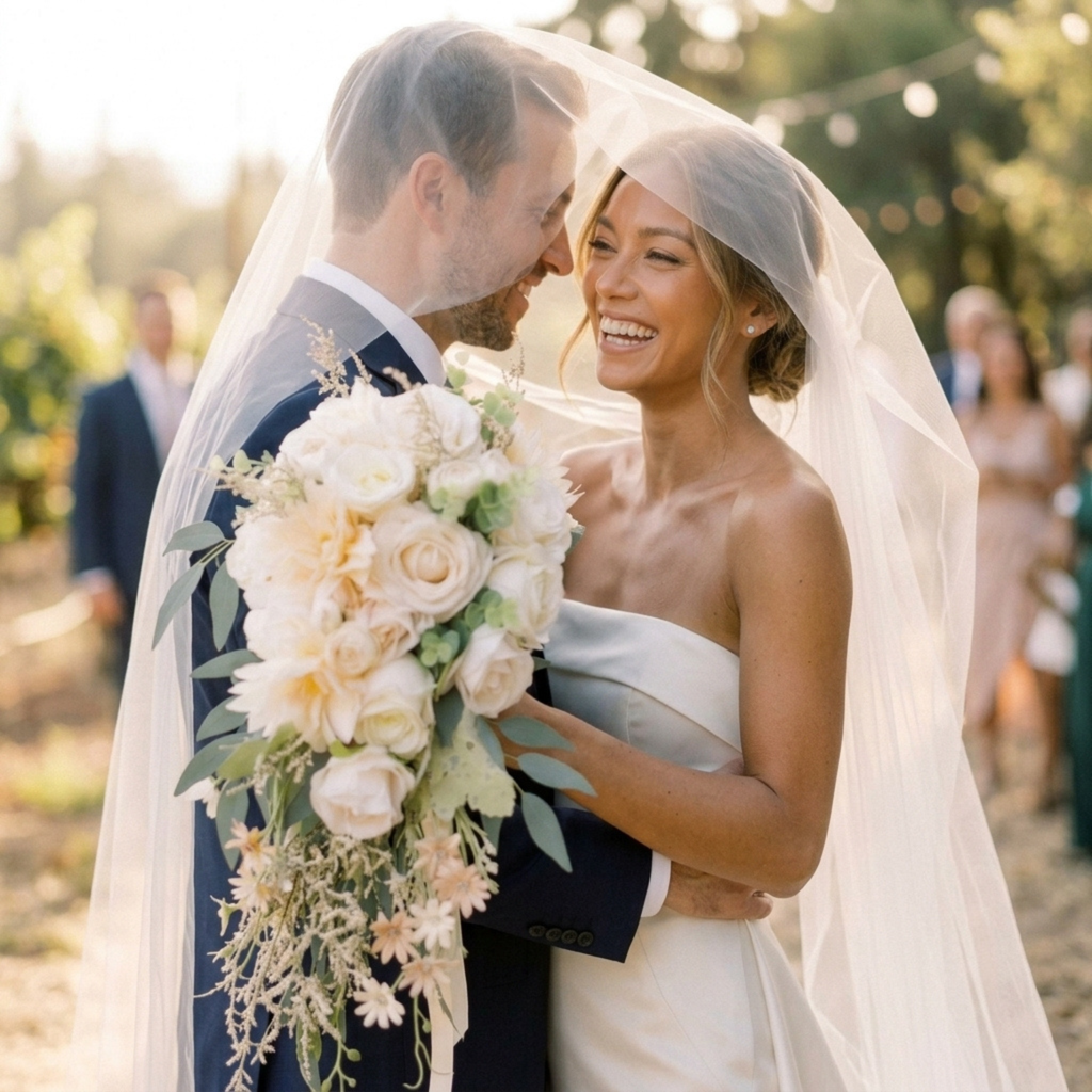 Bride and groom laughing under her veil, holding a champagne ivory cascading bridal bouquet with silk roses