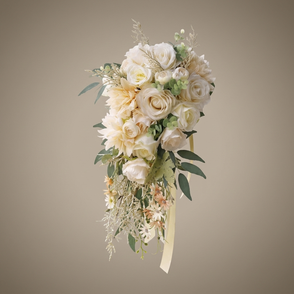 Champagne ivory cascading bridal bouquet with silk roses, dahlias, eucalyptus greenery, and trailing ribbon on a neutral background