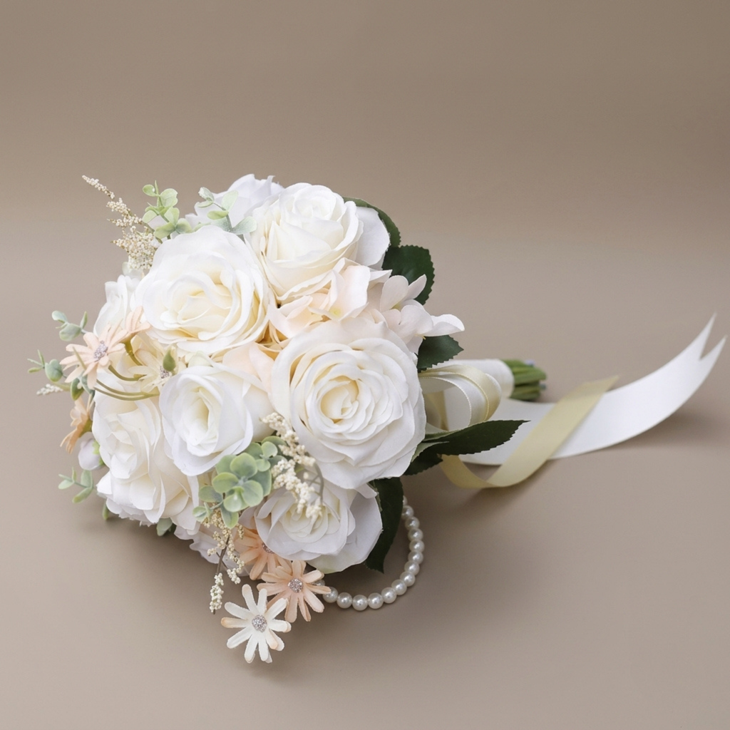 Round ivory and champagne bouquet with silk roses, daisies, and a pearl bracelet handle on a neutral background