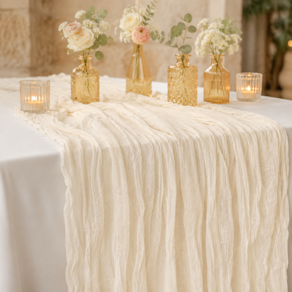 Ivory cheesecloth table runner close-up with amber glass bud vases, ivory and blush florals, and votive candles