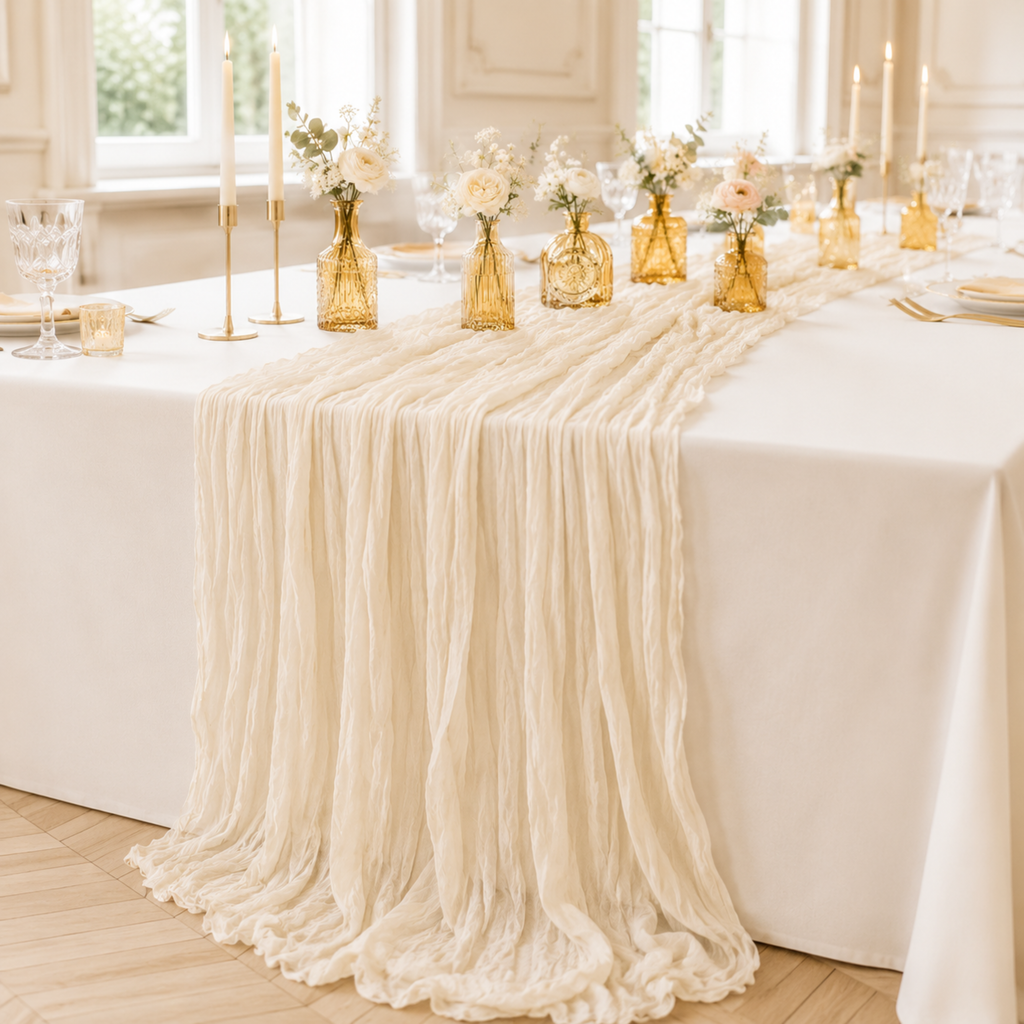 Ivory cheesecloth table runner on a white-linen table with gold candlesticks, amber glass vases, and taper candles