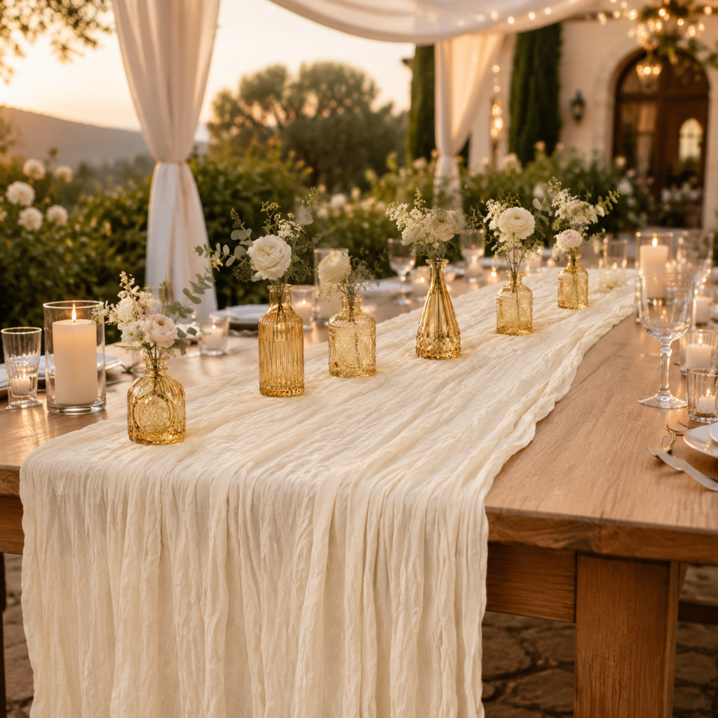 Ivory cheesecloth table runner on an outdoor sunset reception table with amber glass vases and white florals