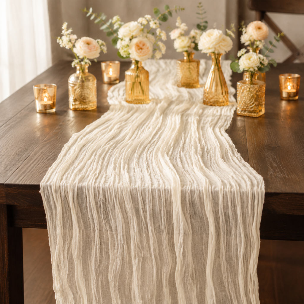 Ivory cheesecloth table runner on a dark wood table with amber glass bud vases, ivory and blush florals, and candles
