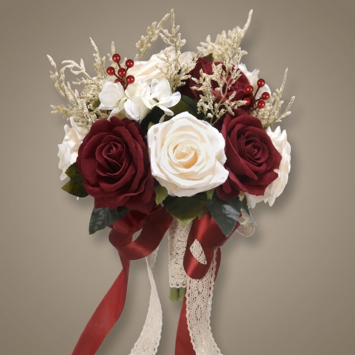 Winter Wedding Bouquet | Burgundy & Ivory Silk Roses