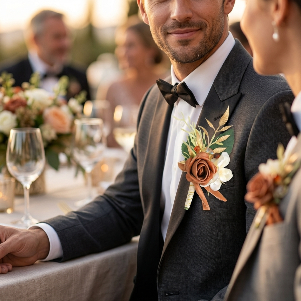 Additional view of terracotta rose wedding boutonniere set of two