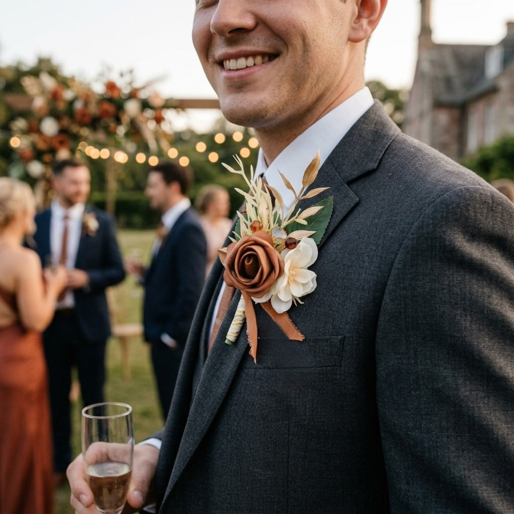 Additional view of terracotta rose wedding boutonniere set of two