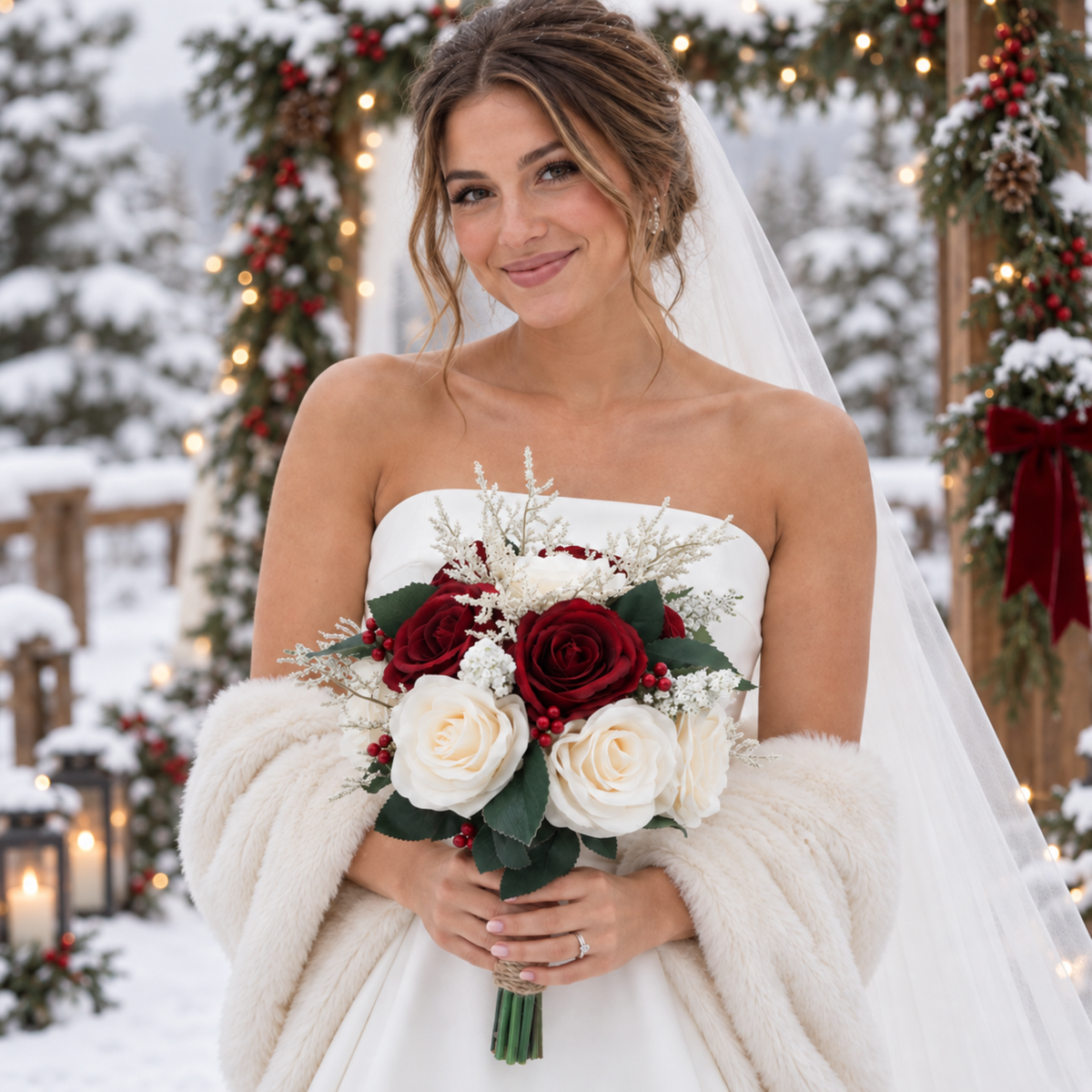 Christmas Bridal Bouquet, Burgundy Ivory Silk Roses with Red Berries