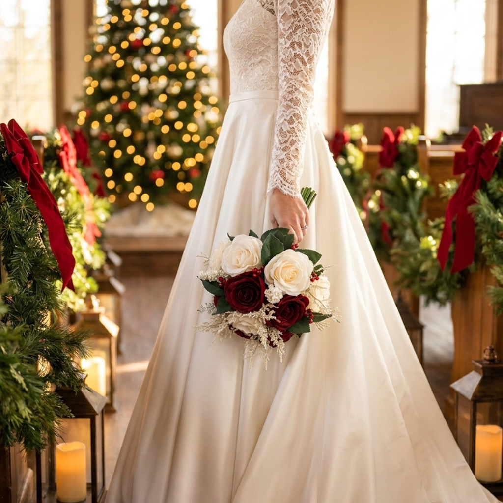 Christmas Bridal Bouquet, Burgundy Ivory Silk Roses with Red Berries