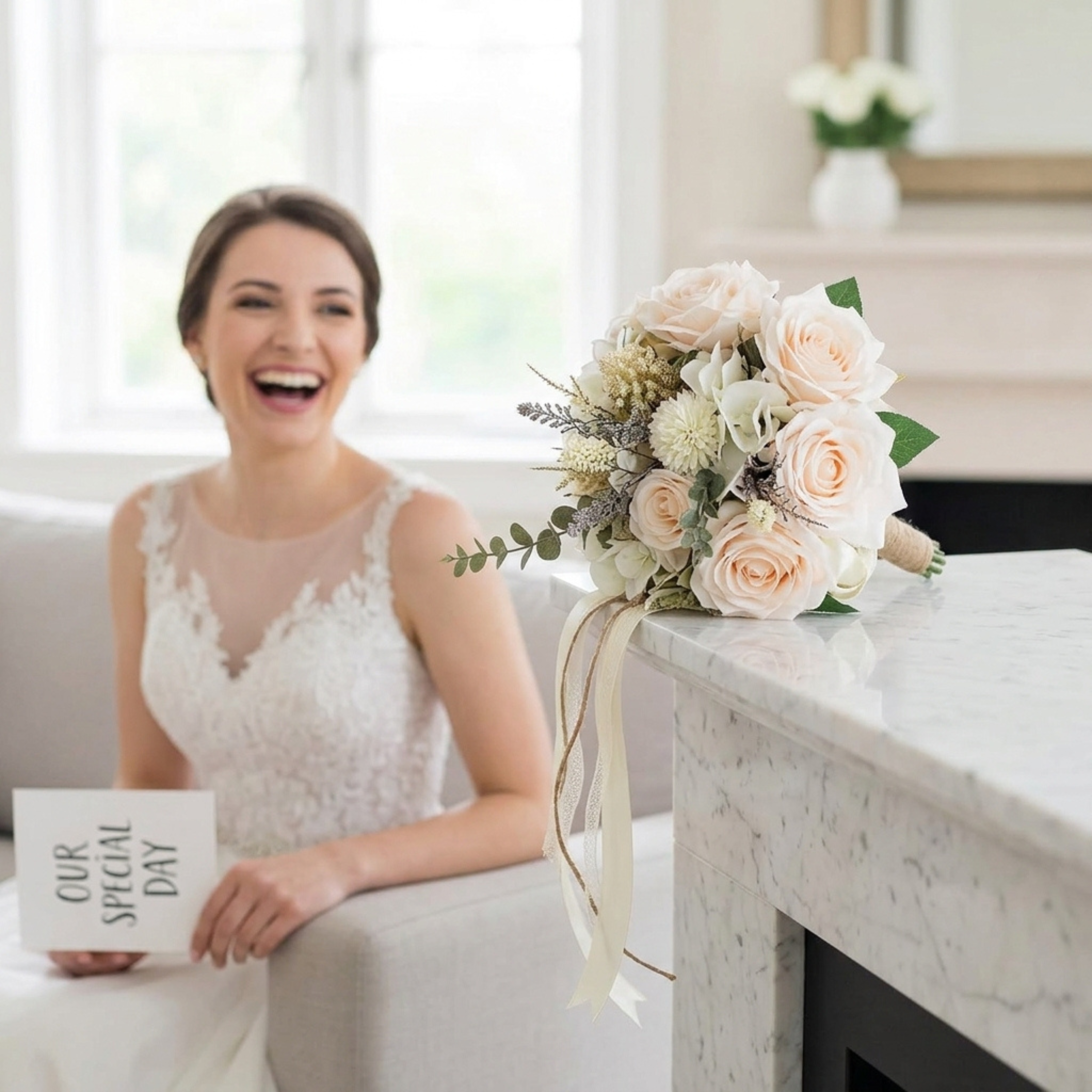 Additional view of champagne rose 10-inch faux bridal wedding bouquet