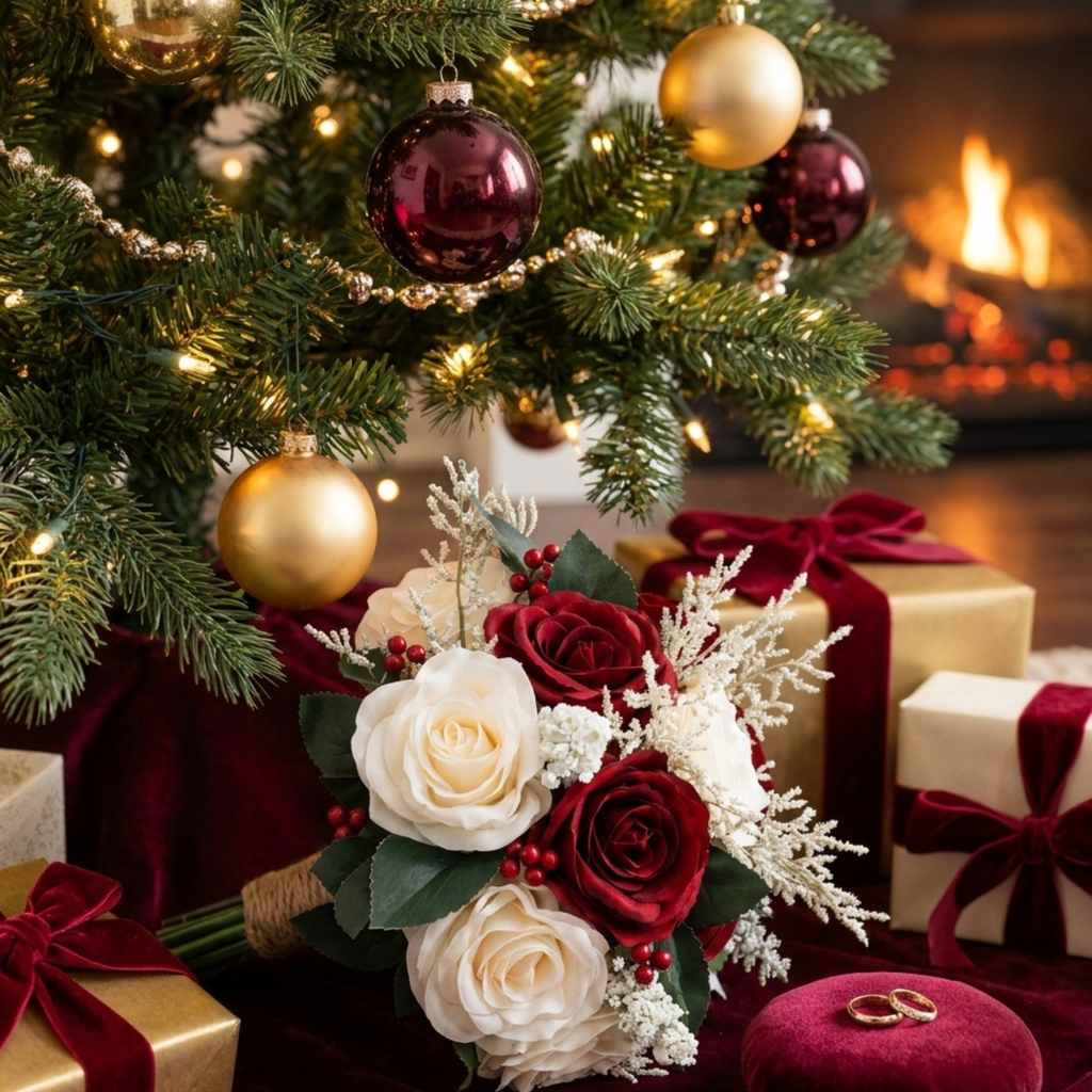 Christmas Bridal Bouquet, Burgundy Ivory Silk Roses with Red Berries