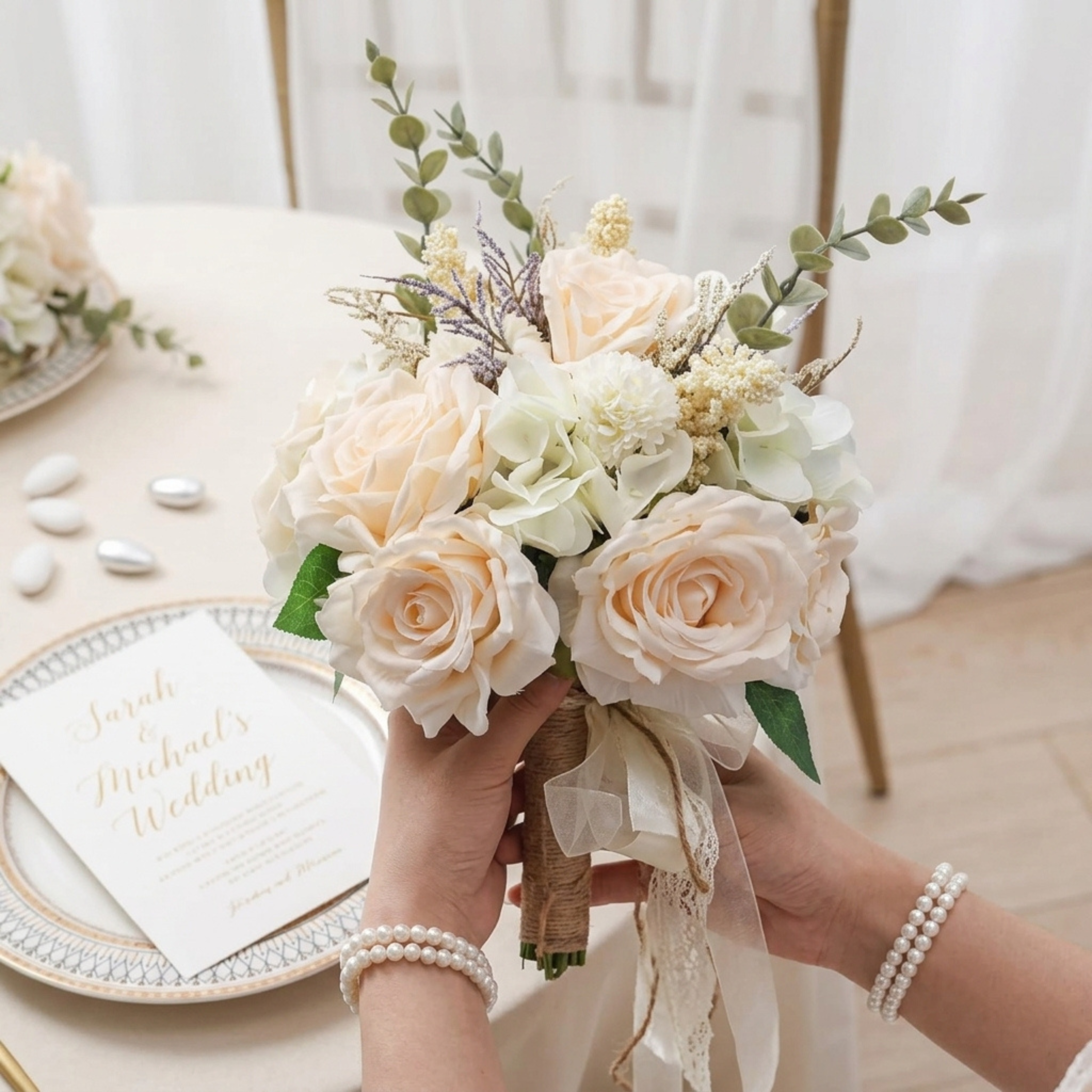 Champagne rose 10-inch faux bridal wedding bouquet