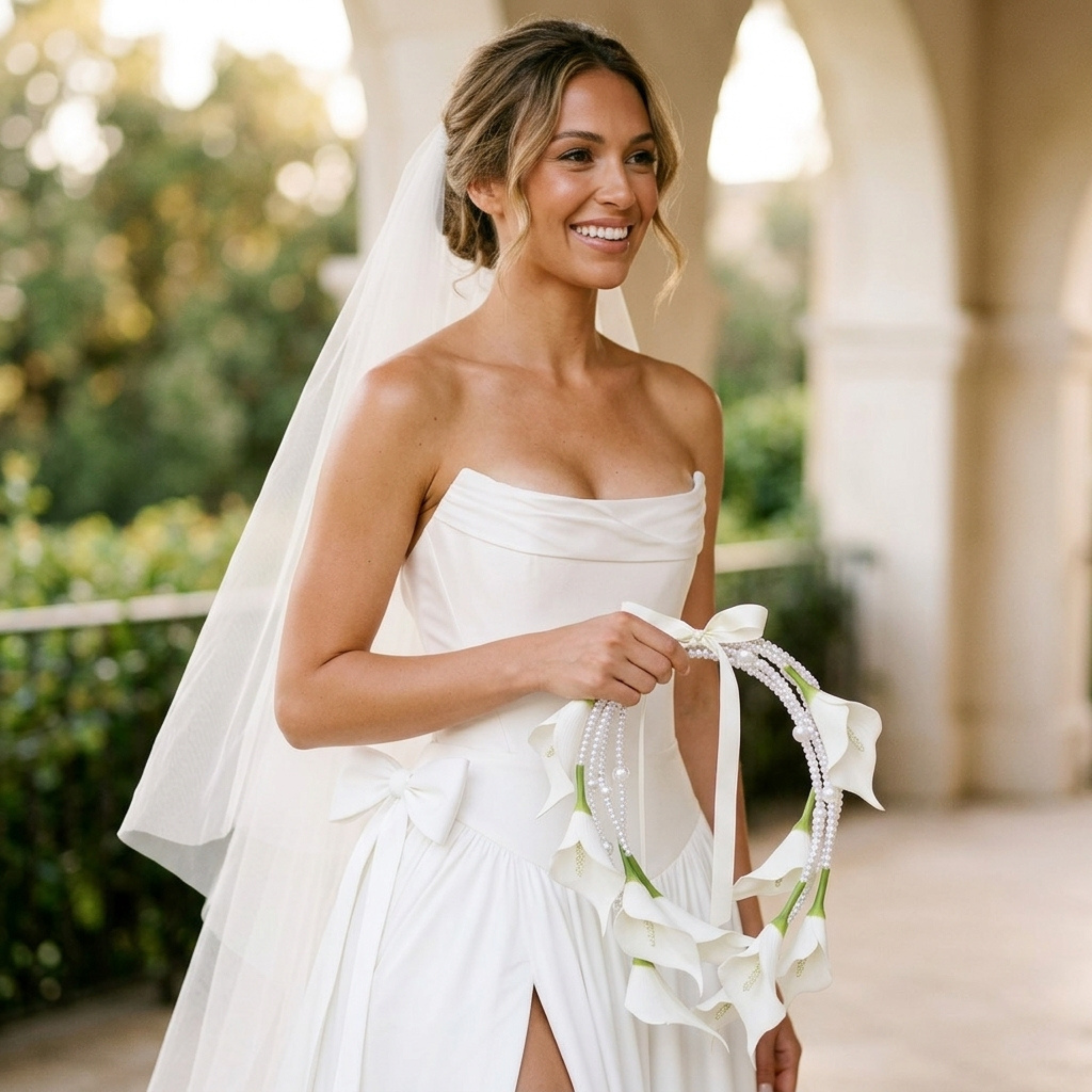 Bride in white wedding dress holding elegant faux calla lily pearl bridal bouquet