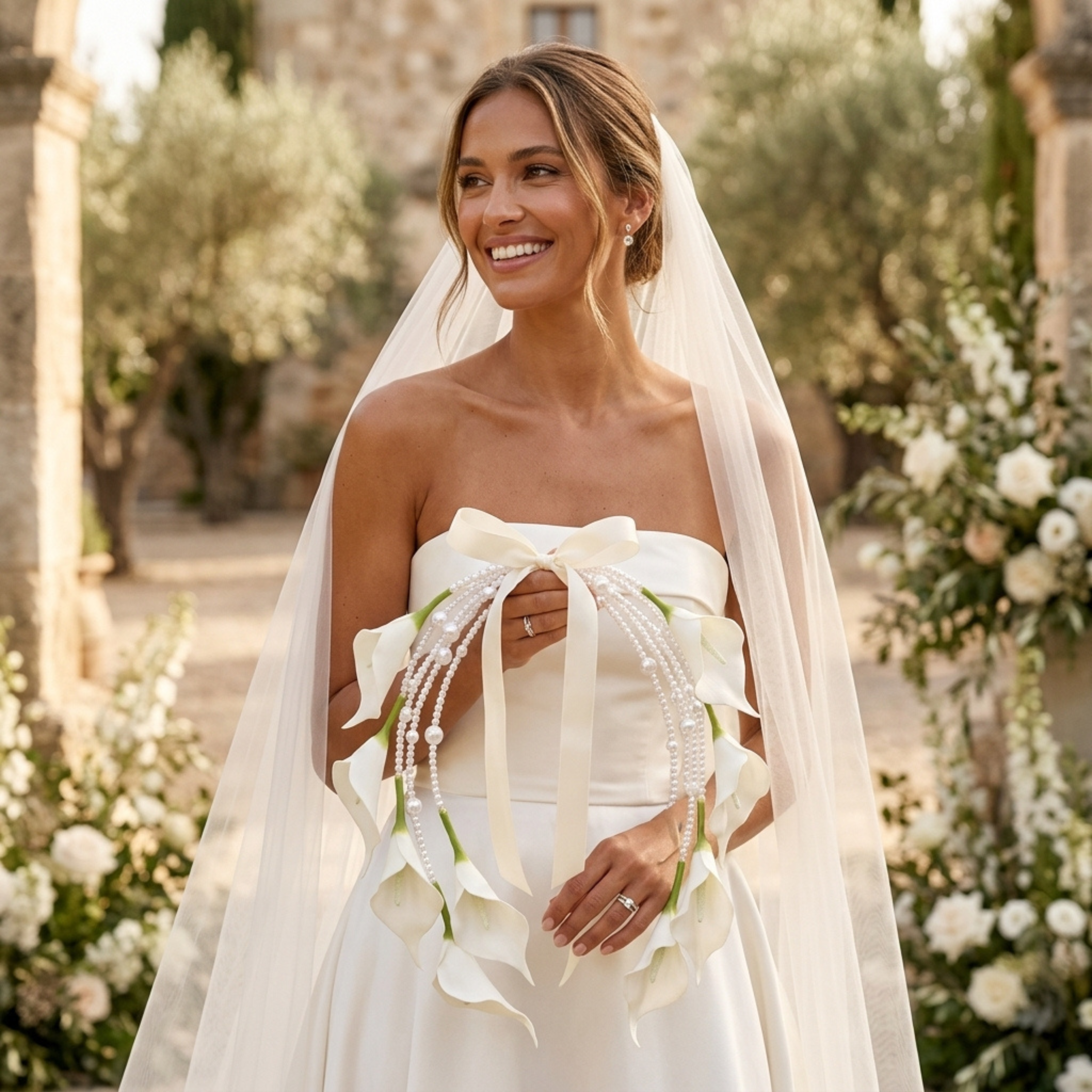 Bride holding white calla lily pearl wedding bouquet with ribbon during outdoor ceremony