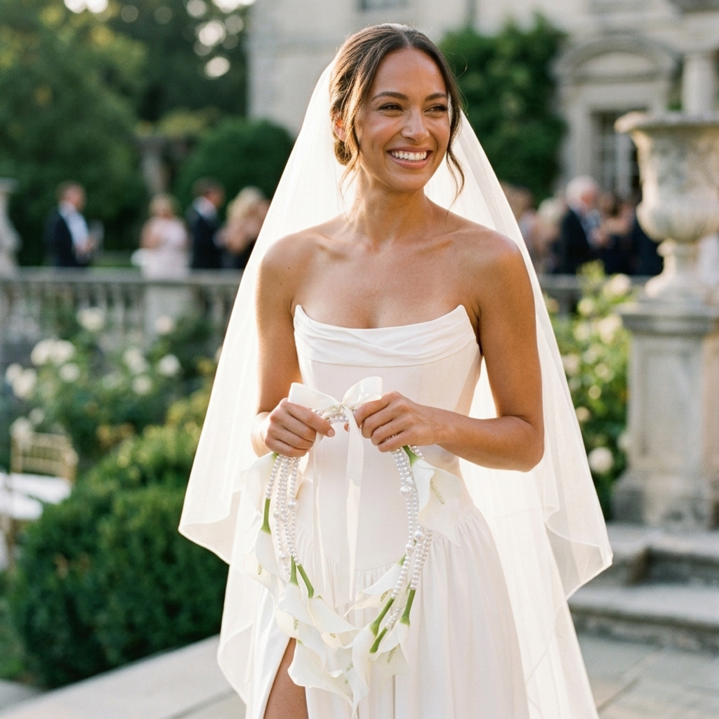 Bride posing outdoors with white faux calla lily bouquet for elegant wedding photos