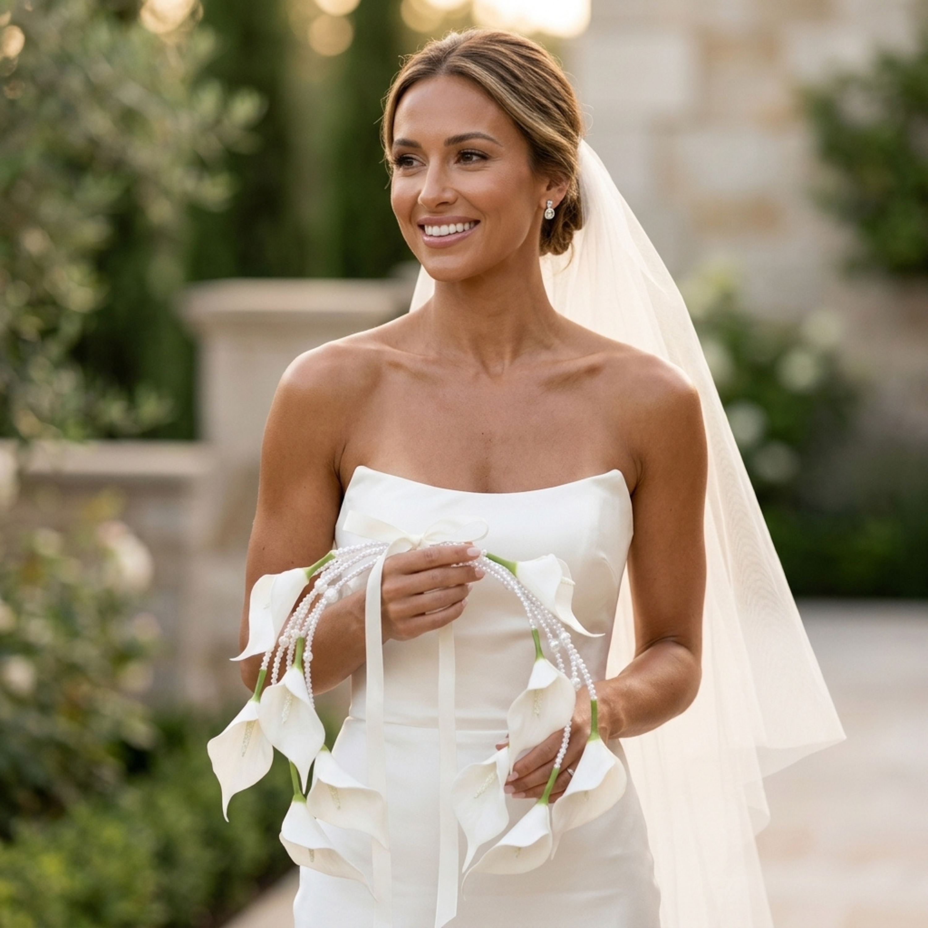 Bride holding lightweight white calla lily pearl bouquet with soft ribbon details