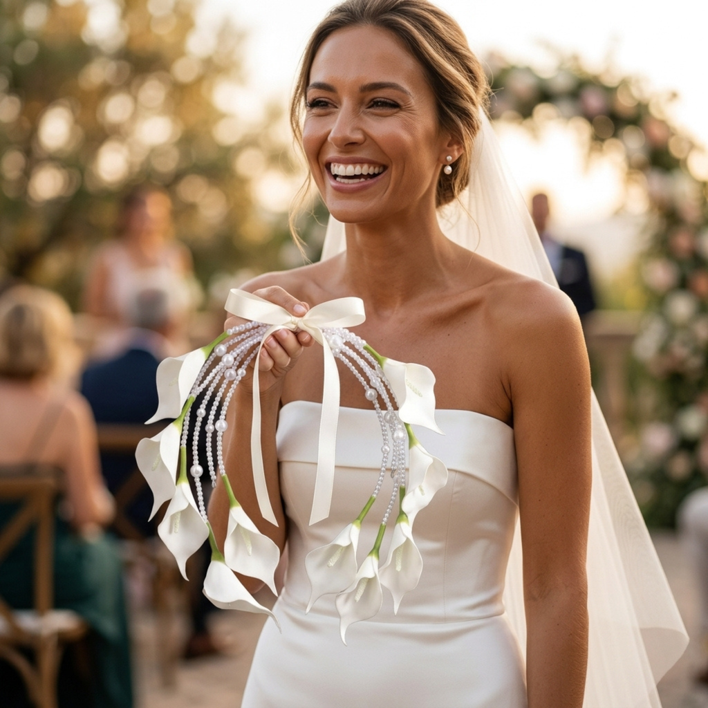 Smiling bride holding circular pearl bridal bouquet with white faux calla lilies