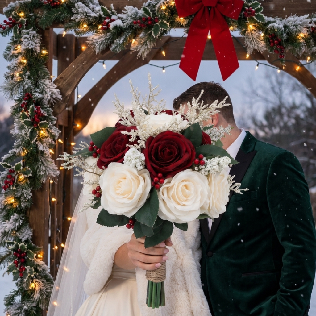 Couple kissing behind a burgundy and ivory rose bouquet under a pine garland arch with a red bow