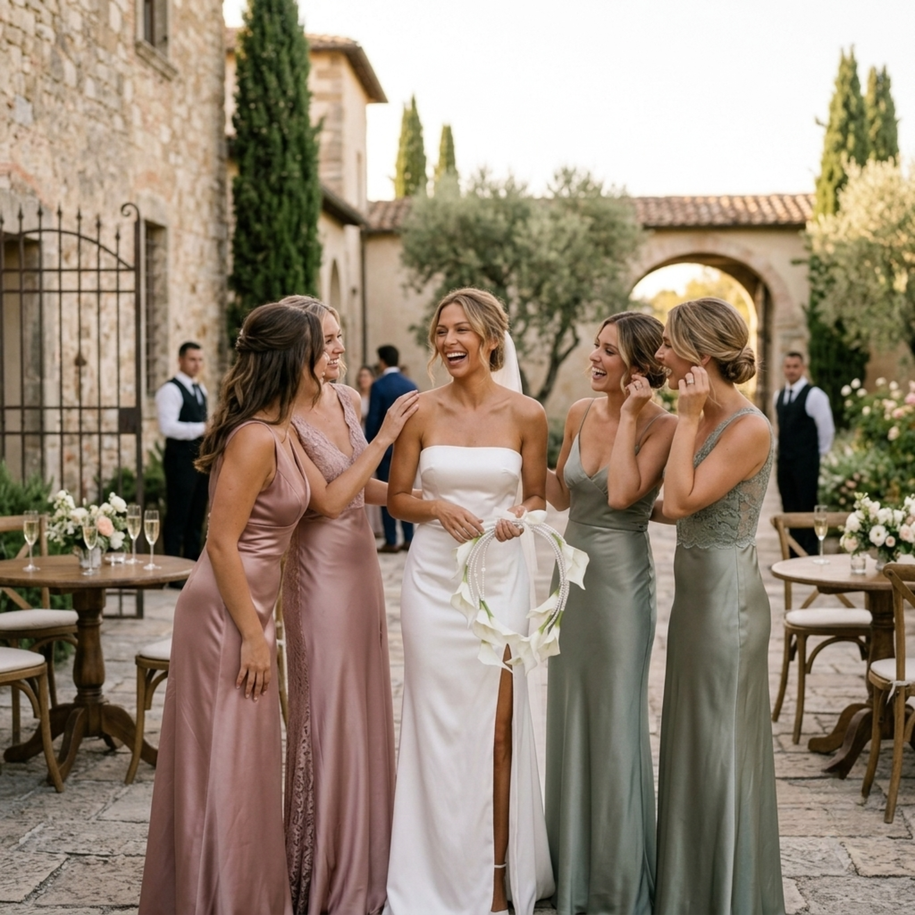 Bride with bridesmaids holding white faux calla lily wedding bouquet with pearl accents