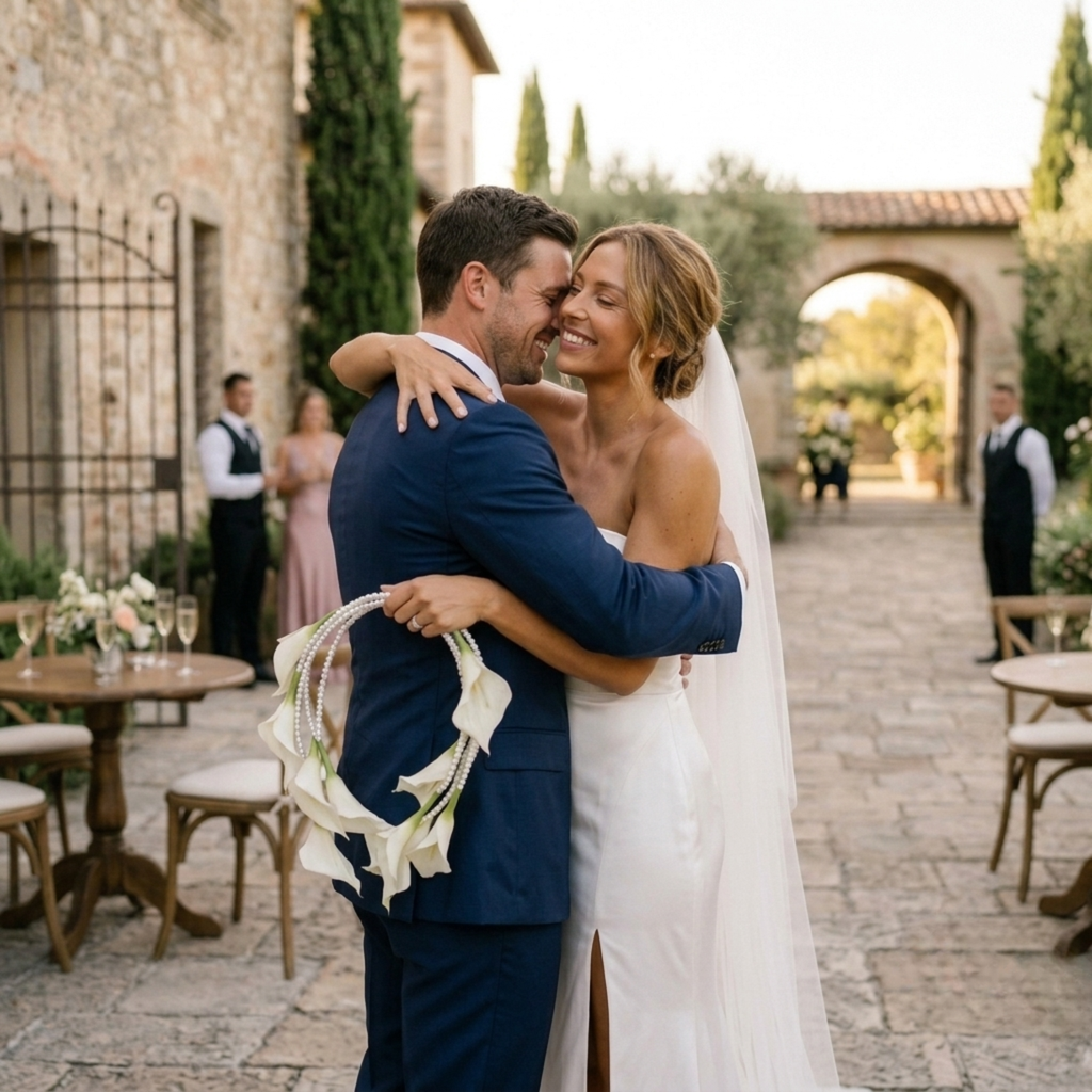 Bride and groom embracing with white calla lily pearl bouquet at romantic outdoor wedding