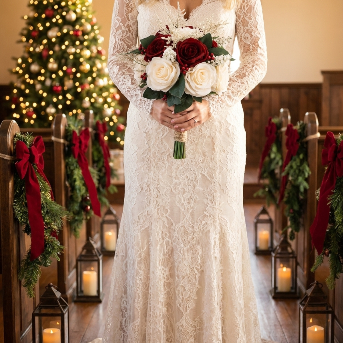 Bride in a lace gown holding a burgundy and ivory rose bouquet by a Christmas tree