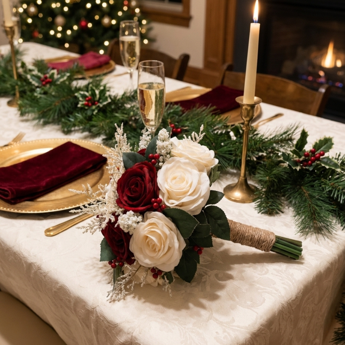 Burgundy and ivory rose bouquet with a twine-wrapped stem on a Christmas table with pine garland