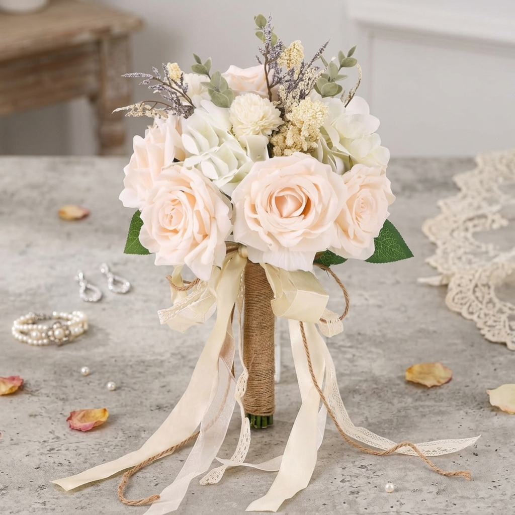 Additional view of champagne rose 10-inch faux bridal wedding bouquet