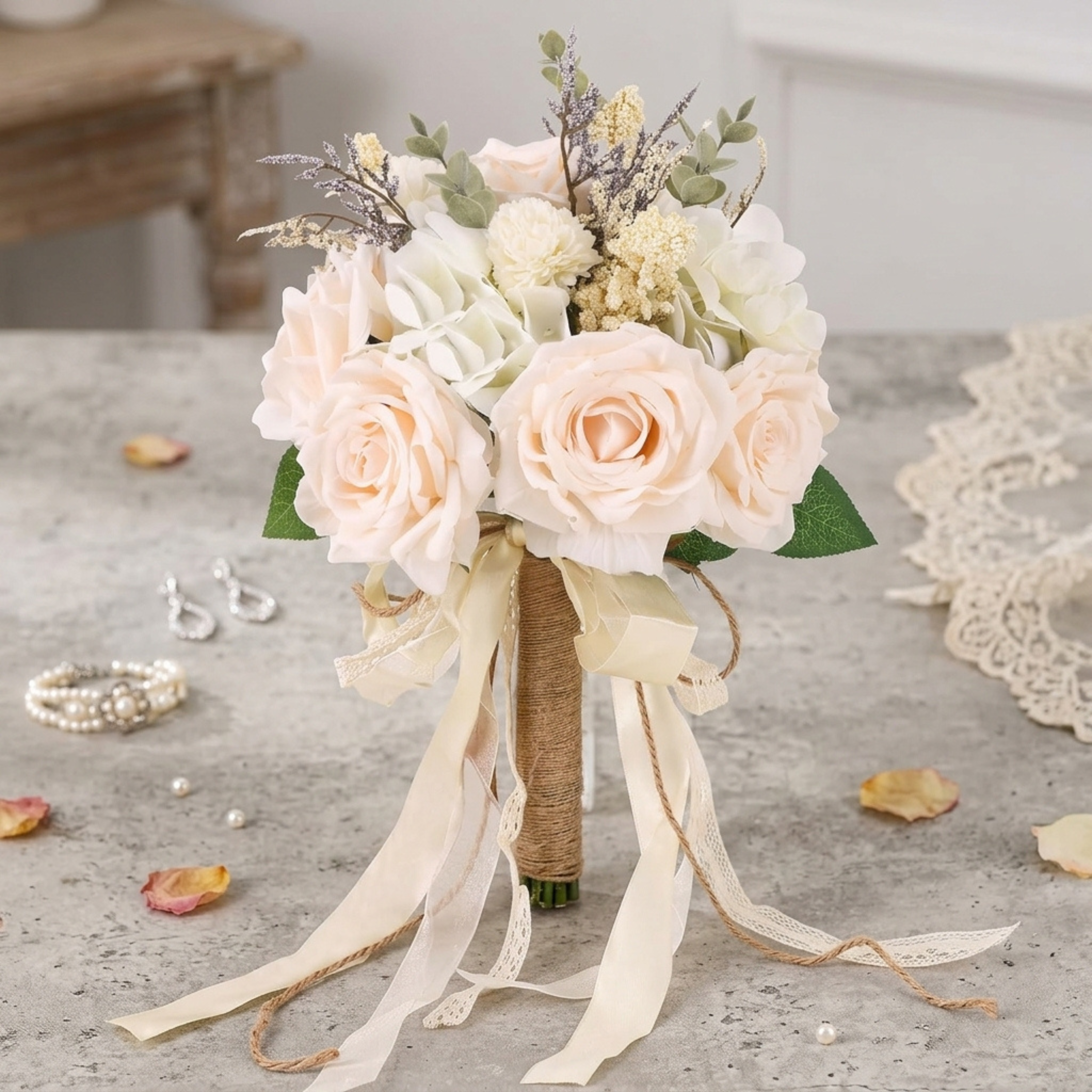 Additional view of champagne rose 10-inch faux bridal wedding bouquet