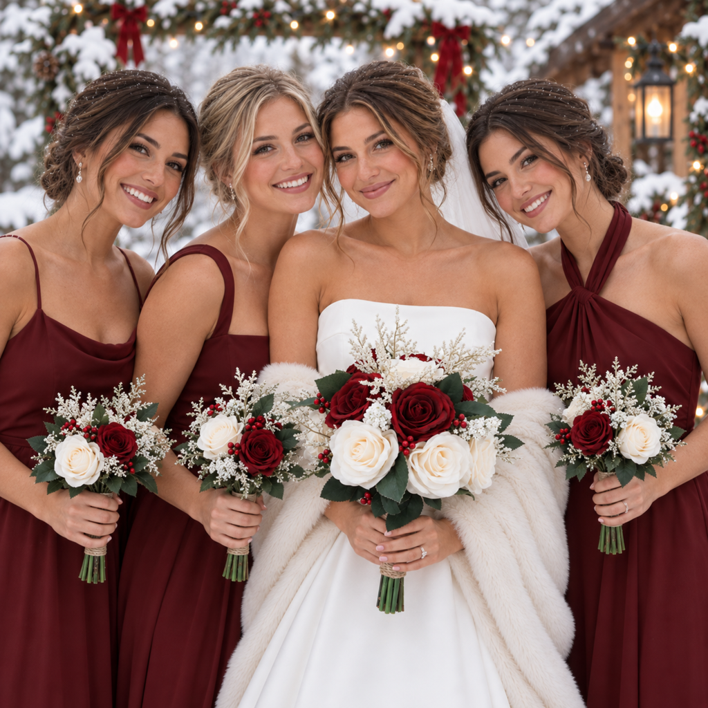 Bride in a fur stole with bridesmaids in burgundy dresses, all holding burgundy and ivory rose bouquets