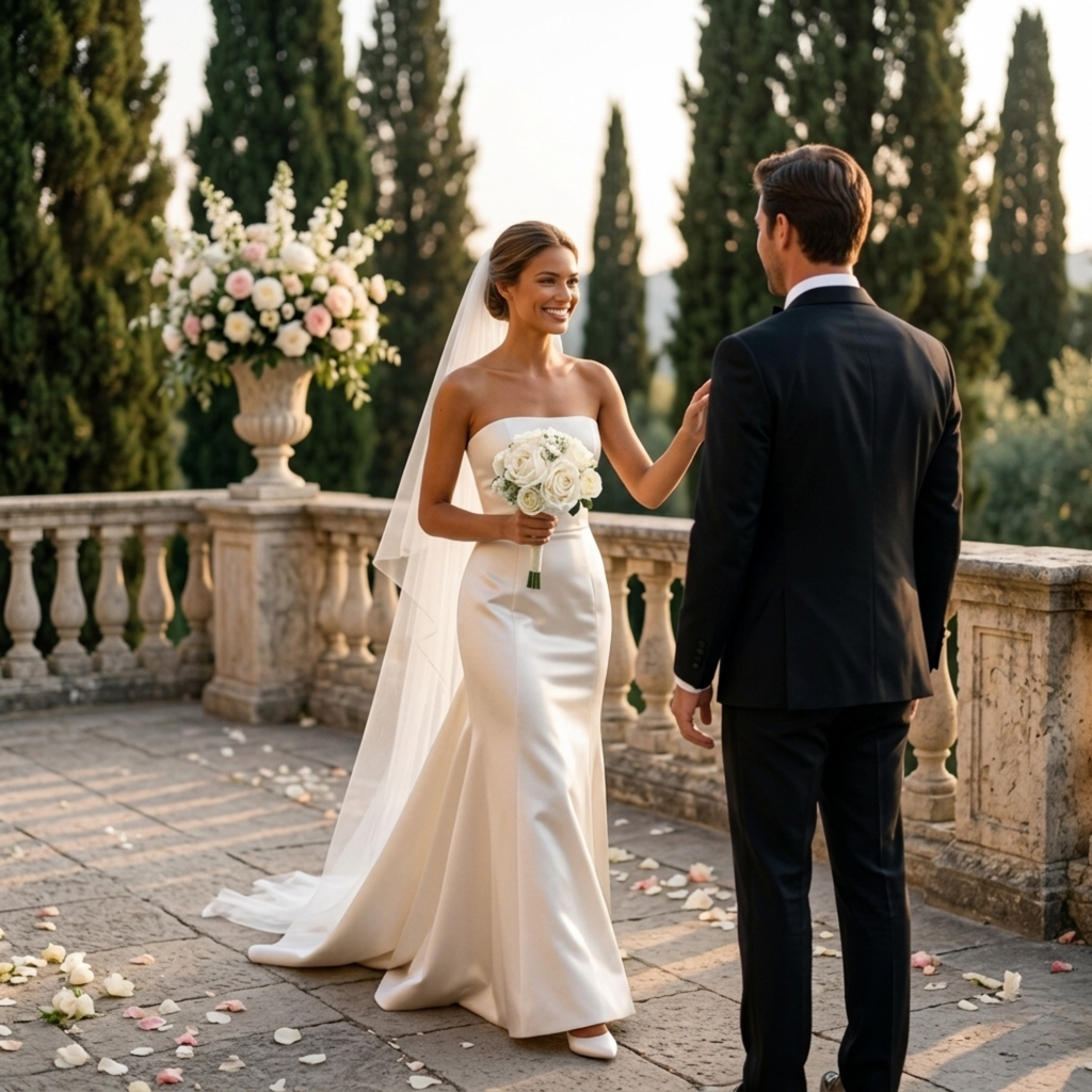 Bride and bridesmaids holding champagne and white artificial wedding bouquets