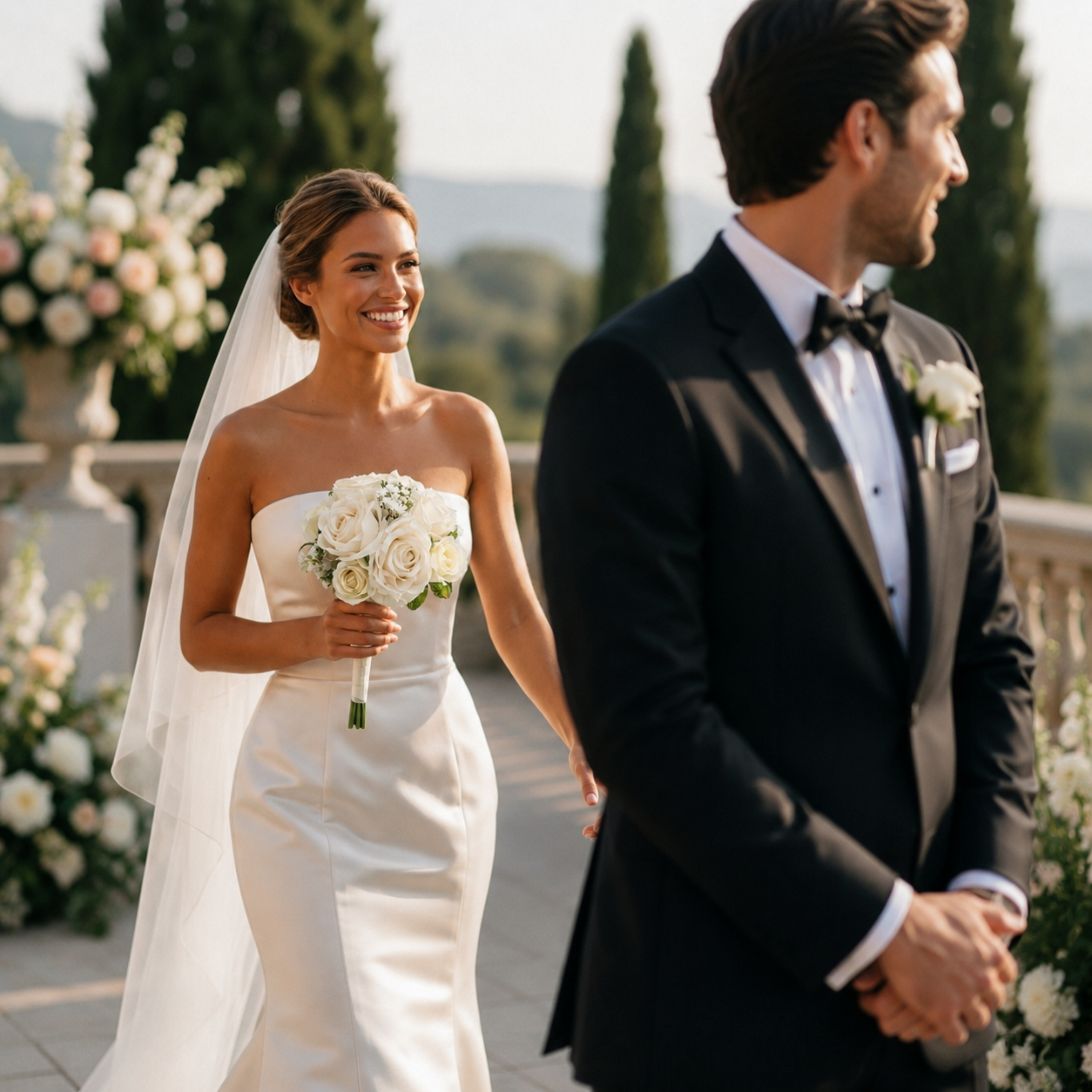 Bride holding champagne rose bouquet during elegant outdoor wedding ceremony