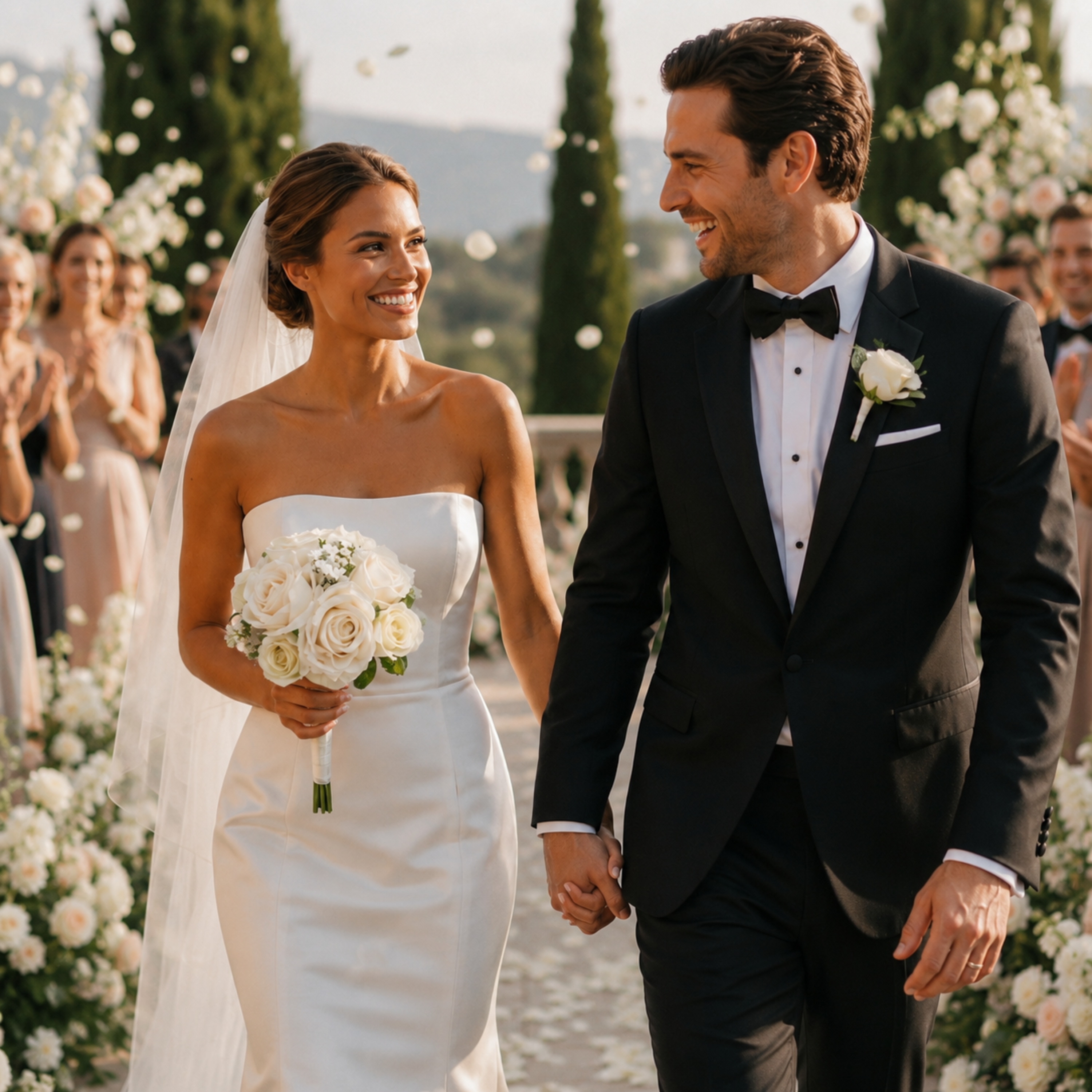 Bride and groom at outdoor ceremony with champagne wedding bouquet