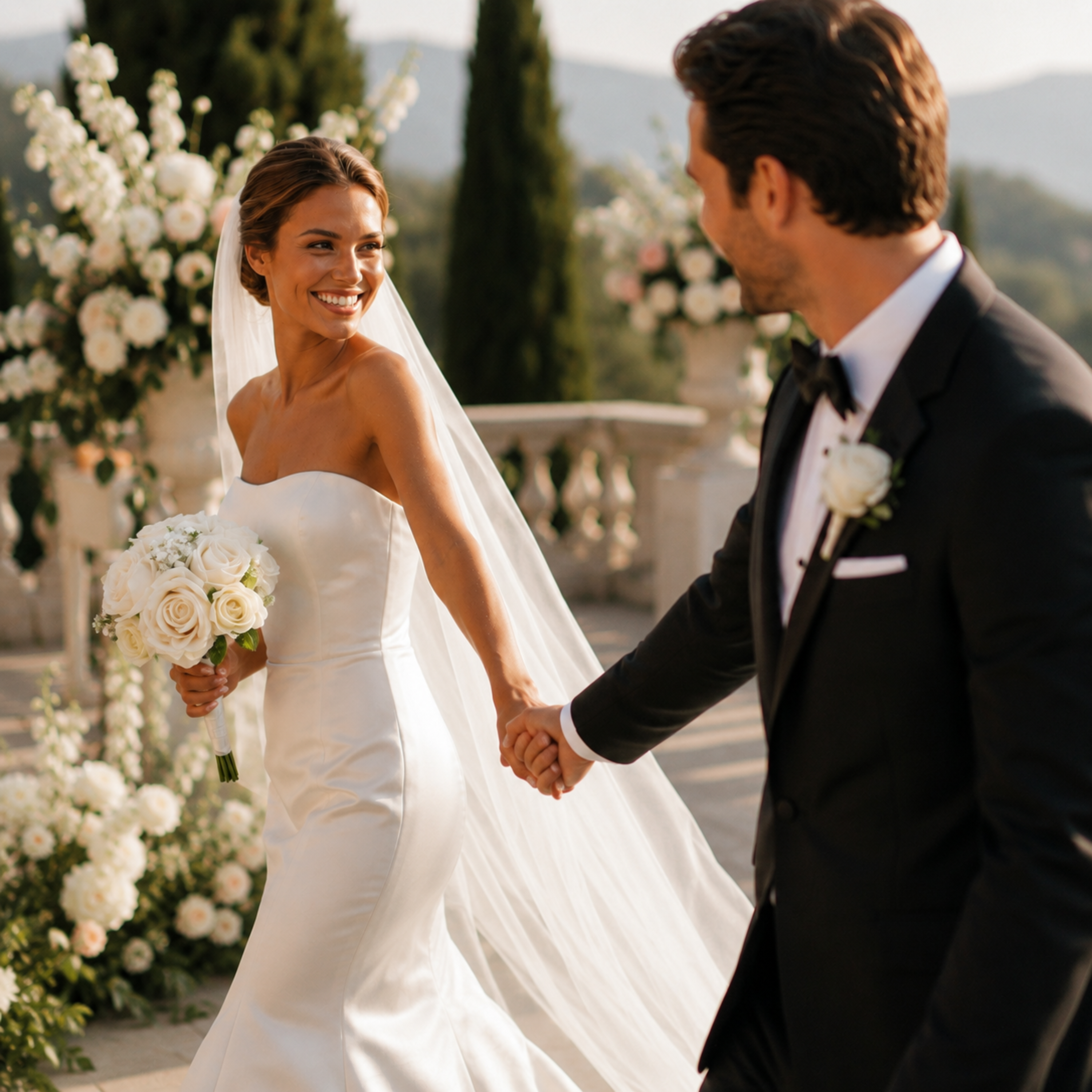 Romantic bride and groom walking with champagne bridal bouquet