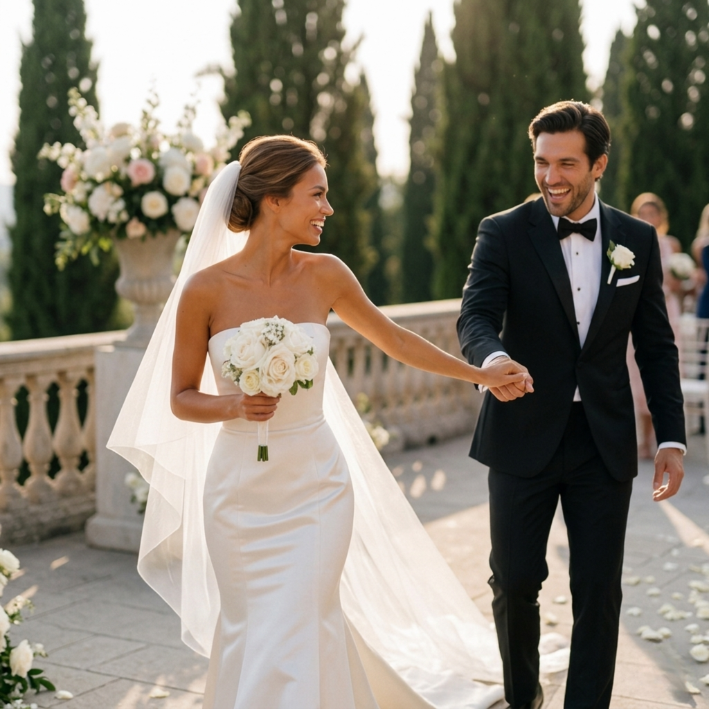Bride holding champagne artificial rose bouquet beside groom