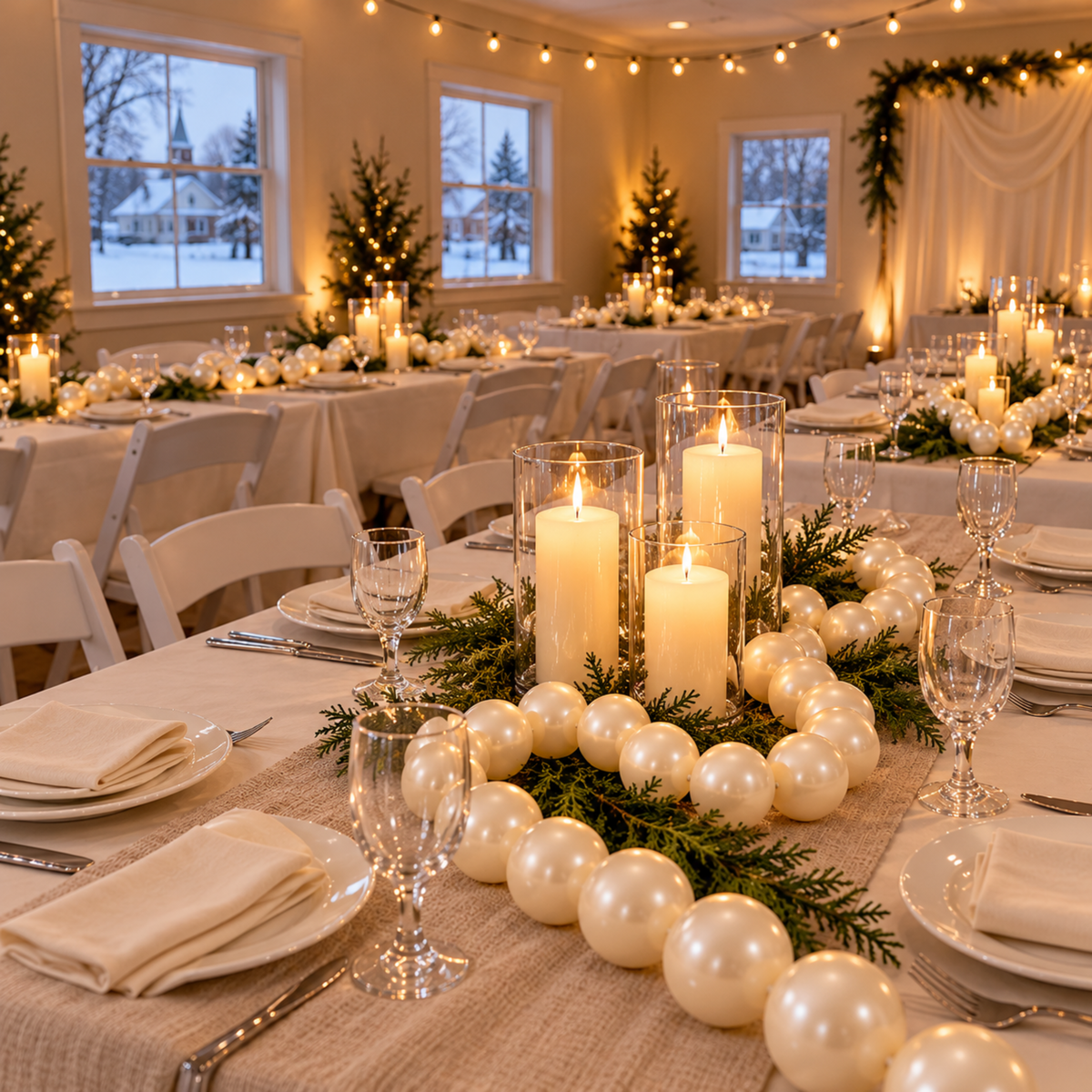 Budget winter reception tables with giant pearl garland runners, evergreen sprigs and candles in glass