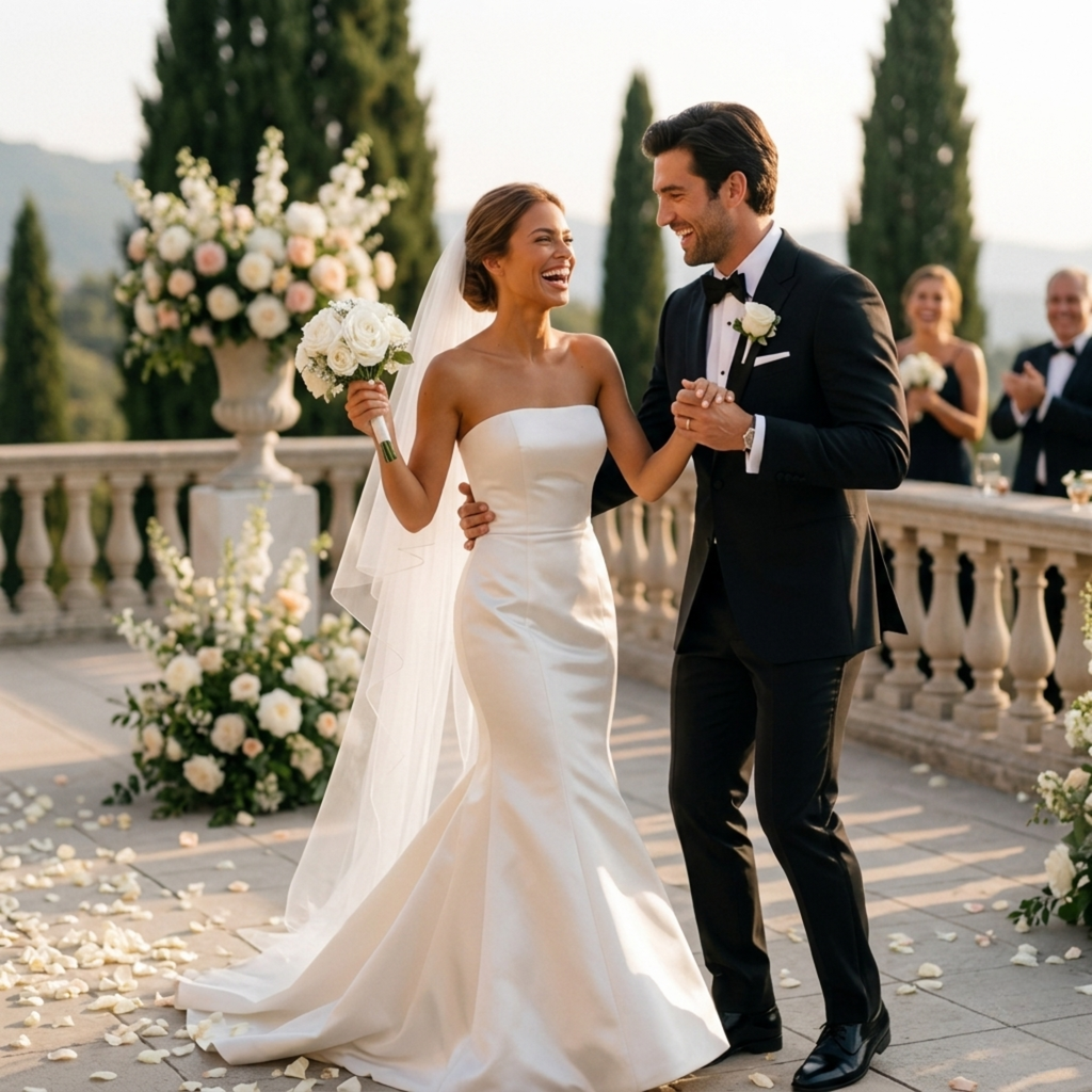 Wedding couple walking together with champagne bridal bouquet and floral aisle decor