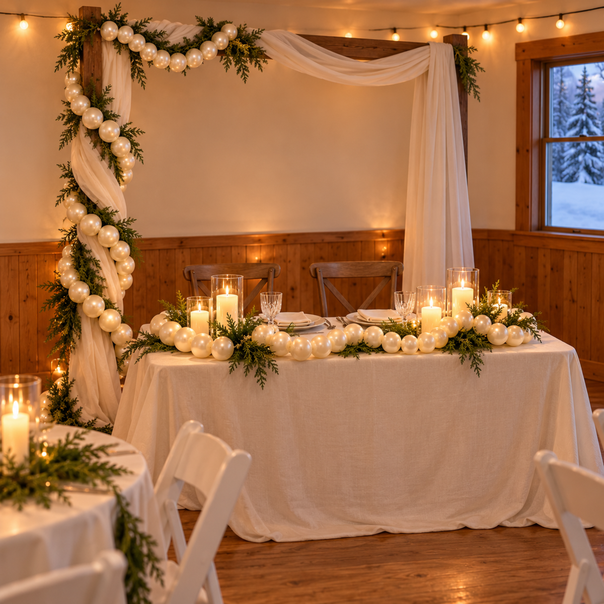 Rustic wooden arch wrapped in white fabric, pearl garland and evergreen behind a candlelit sweetheart table
