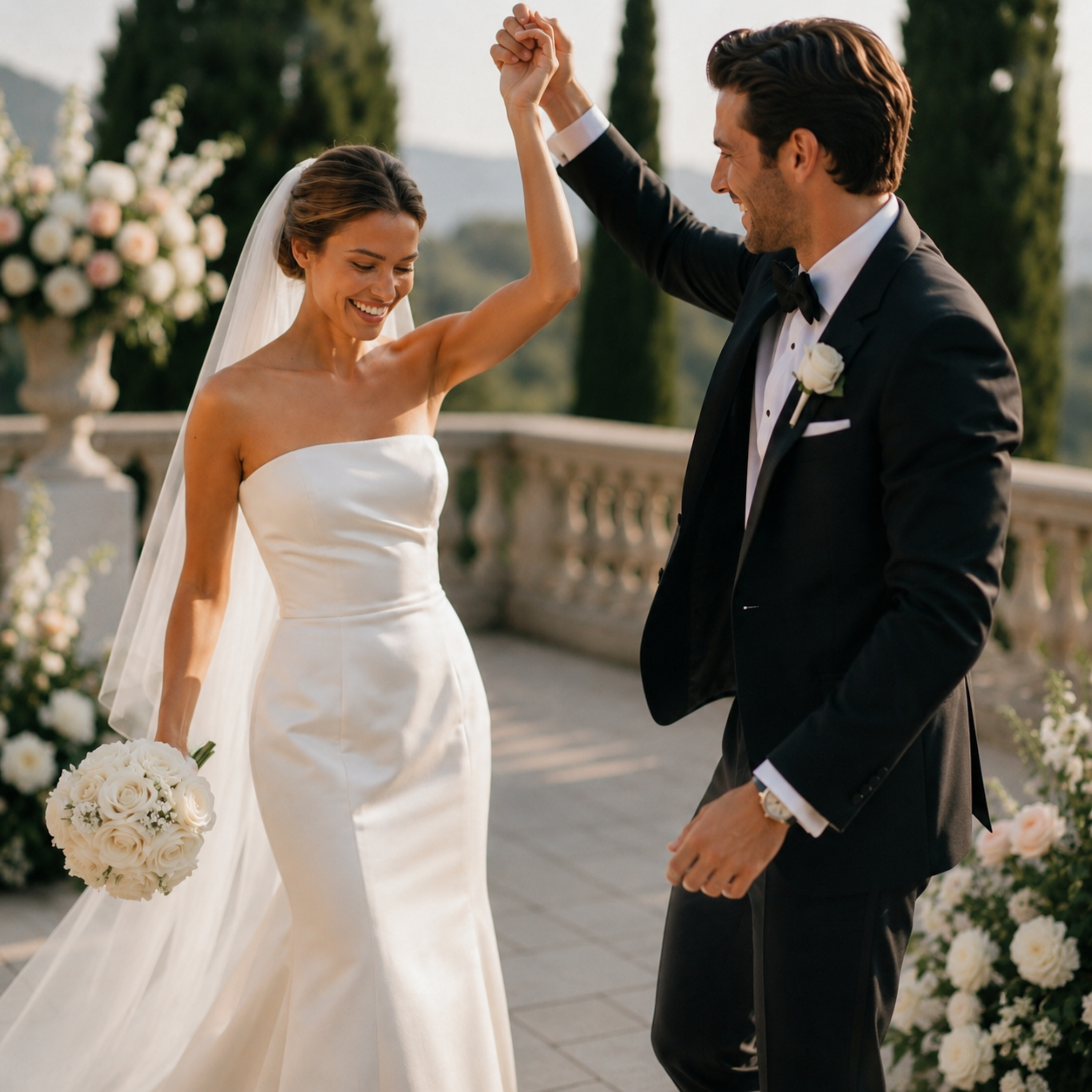 Bride and groom dancing after ceremony with champagne wedding bouquet