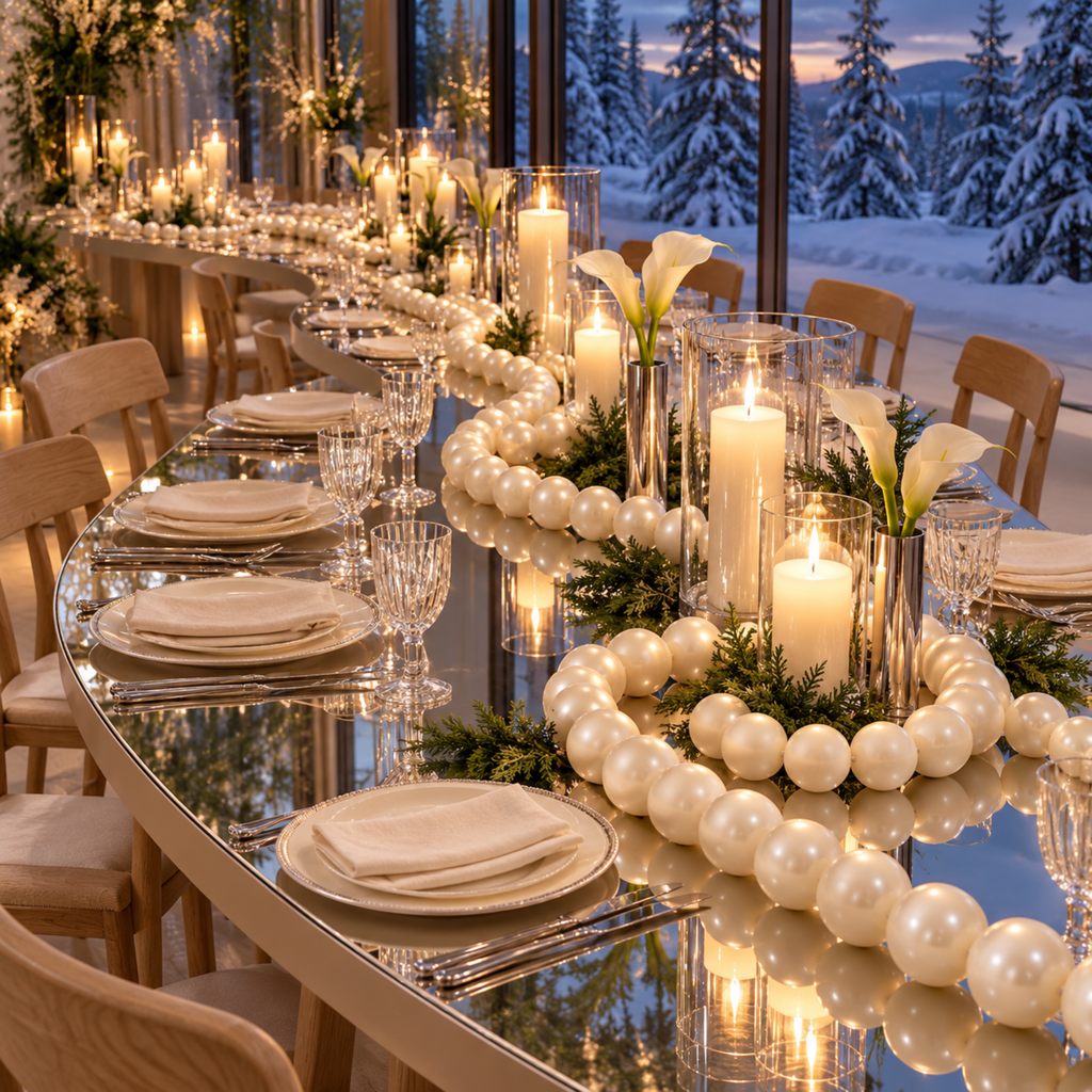 Serpentine mirrored reception table with a giant pearl garland, evergreen, calla lilies and pillar candles