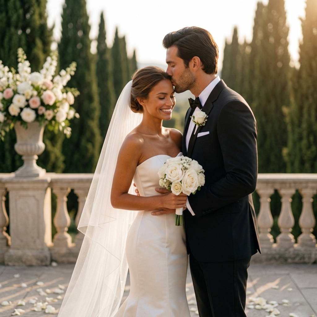 Bride holding bouquet while groom twirls her at outdoor wedding