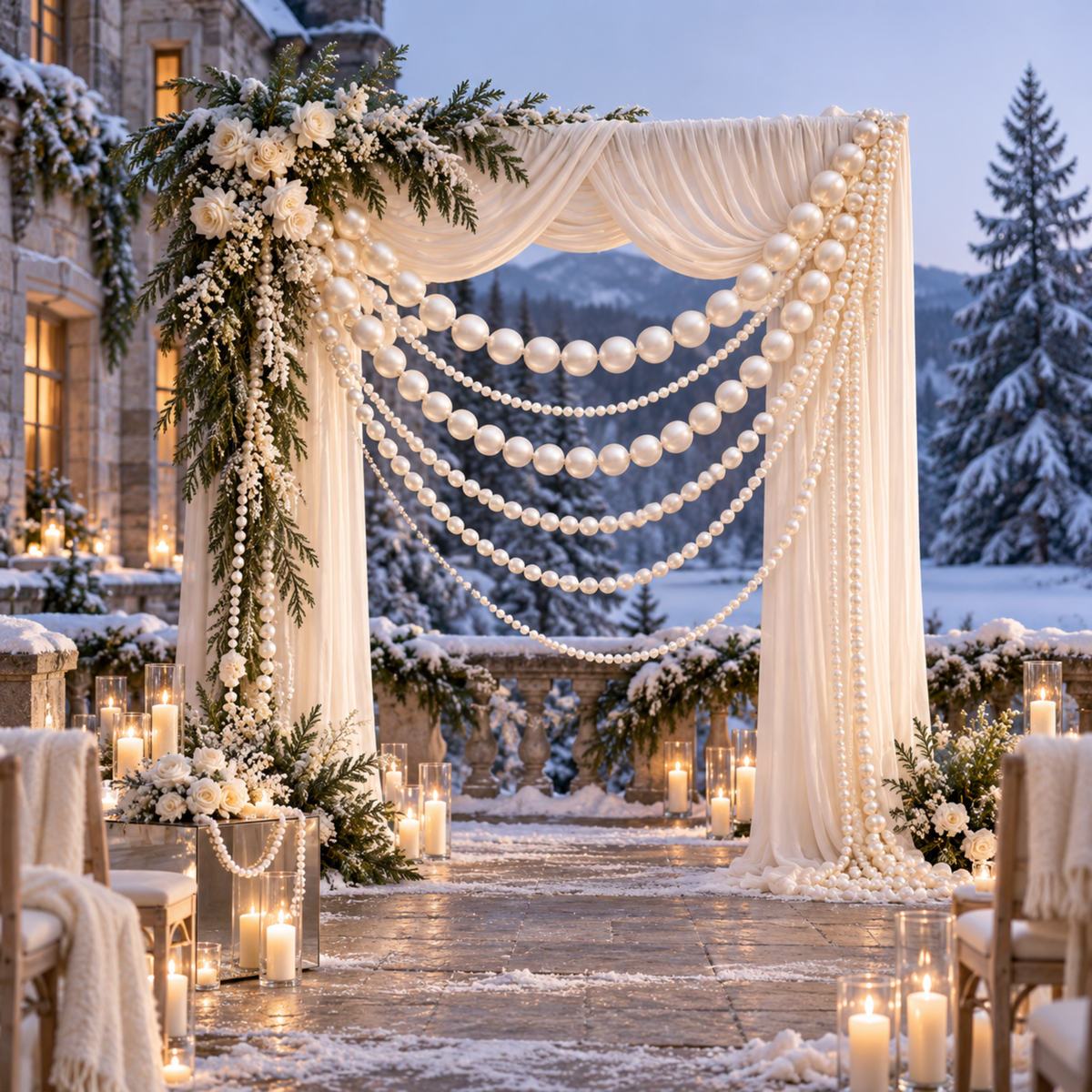 Winter ceremony arch with white draping, pearl strands, evergreen and white roses in front of snowy pines