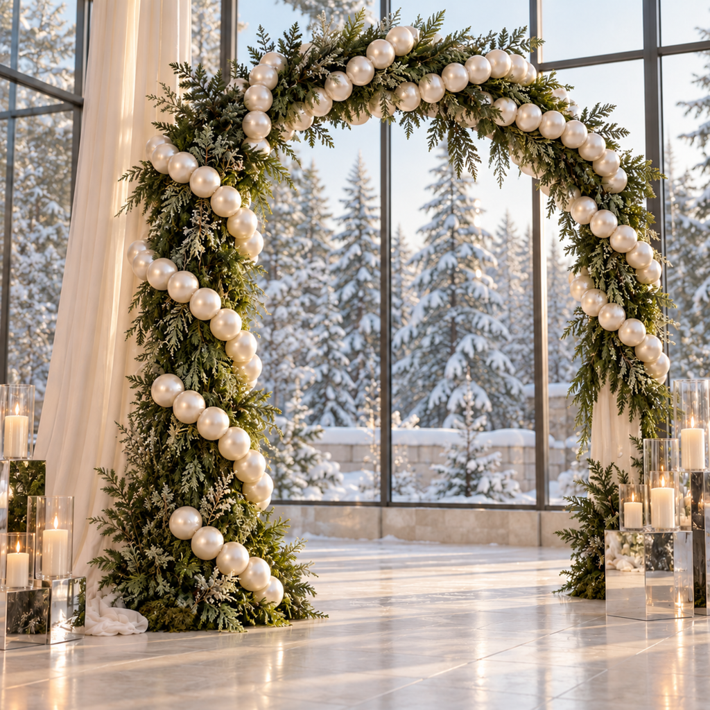 Round arch covered in evergreen with a spiral of giant white pearls, mirrored candle stands, snowy windows