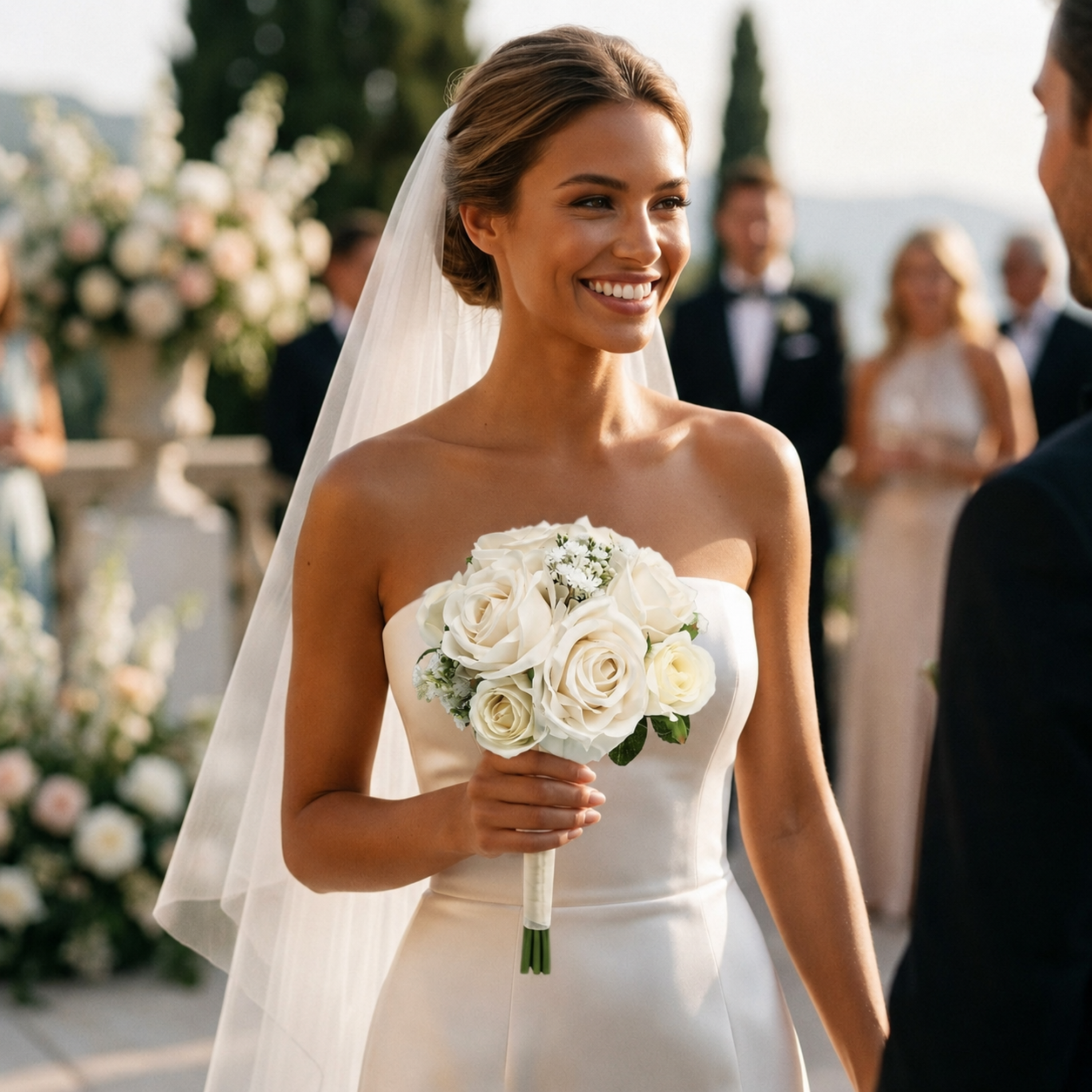 Bride smiling with champagne rose bouquet at outdoor wedding celebration