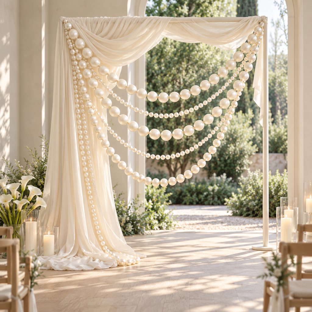 White draped wedding arch with cascading strands of giant faux pearls in two sizes, calla lilies and candles