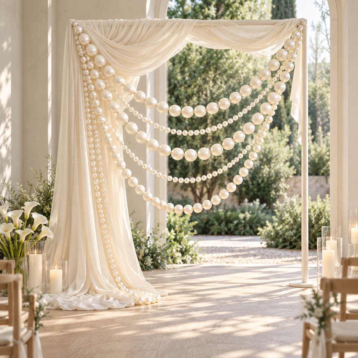 White draped wedding arch with cascading strands of giant faux pearls in two sizes, calla lilies and candles