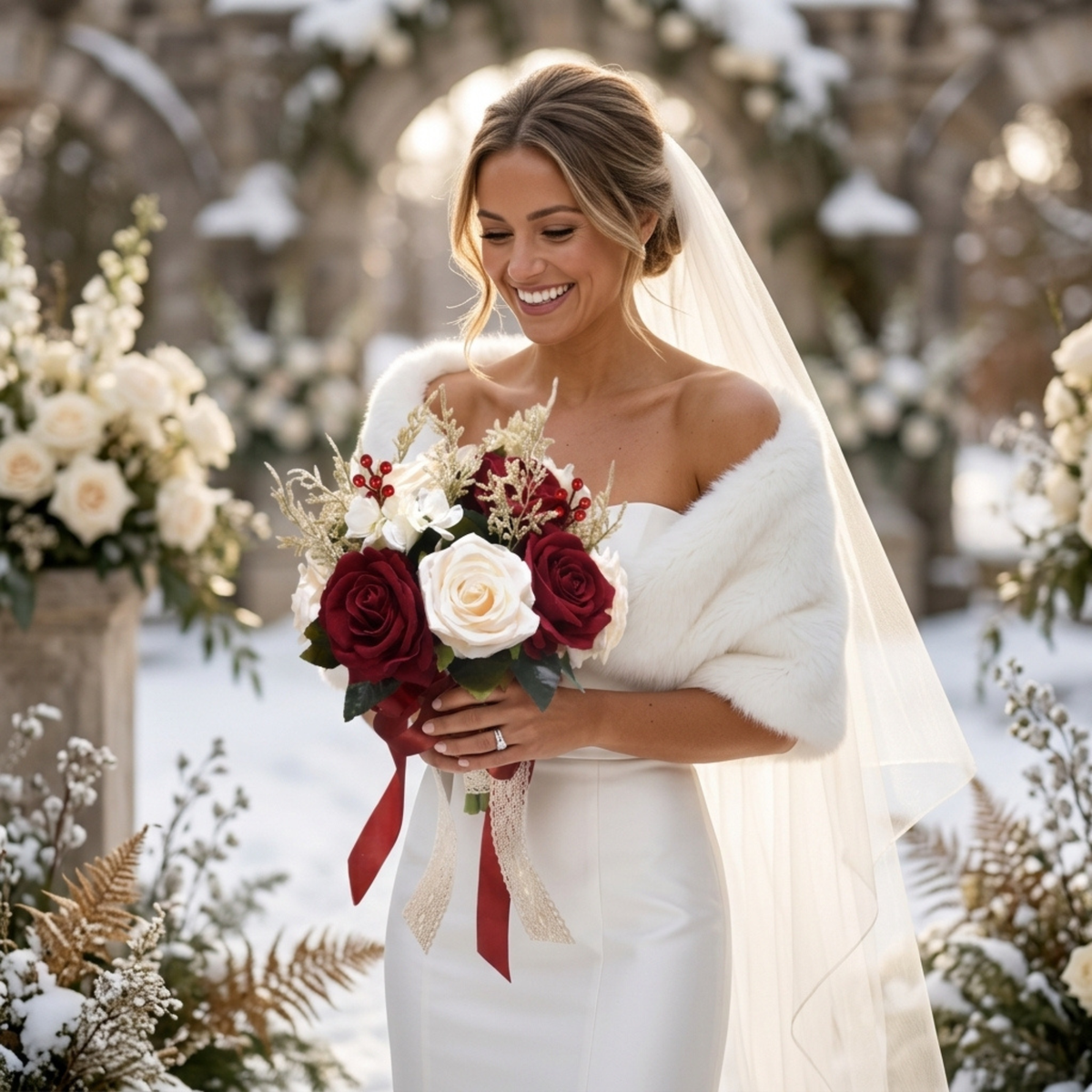 Winter Wedding Bouquet | Burgundy & Ivory Silk Roses