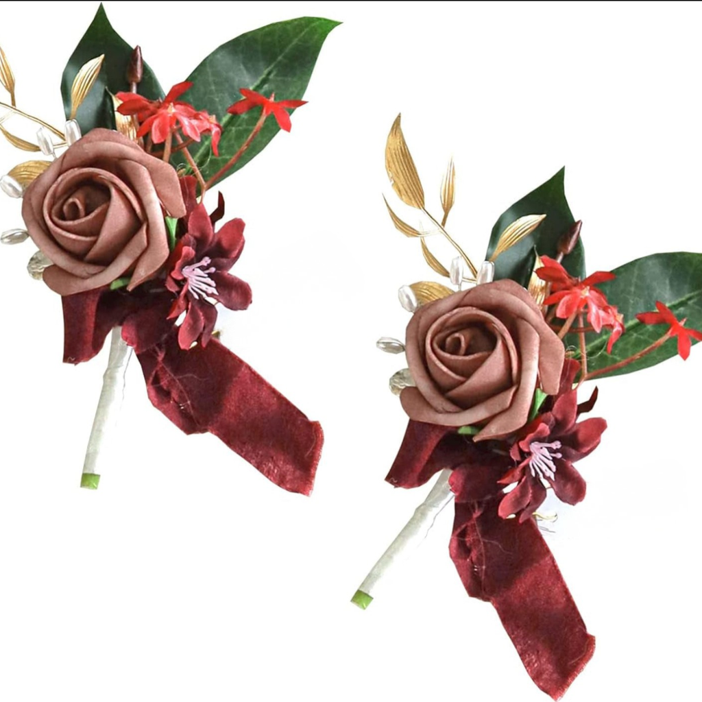 Additional view of burgundy rose boutonniere set of two for groom wedding flowers
